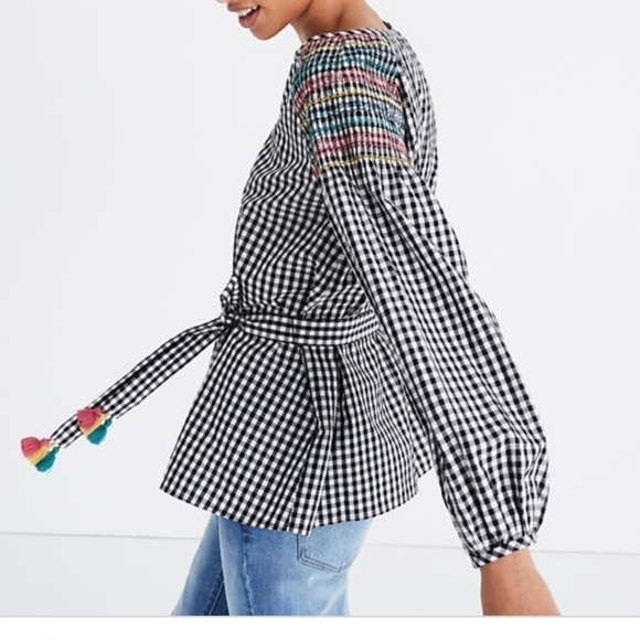 Madewell Tops - MADEWELL Gingham Smocked Blouse Tie Waist Top Blouse S!